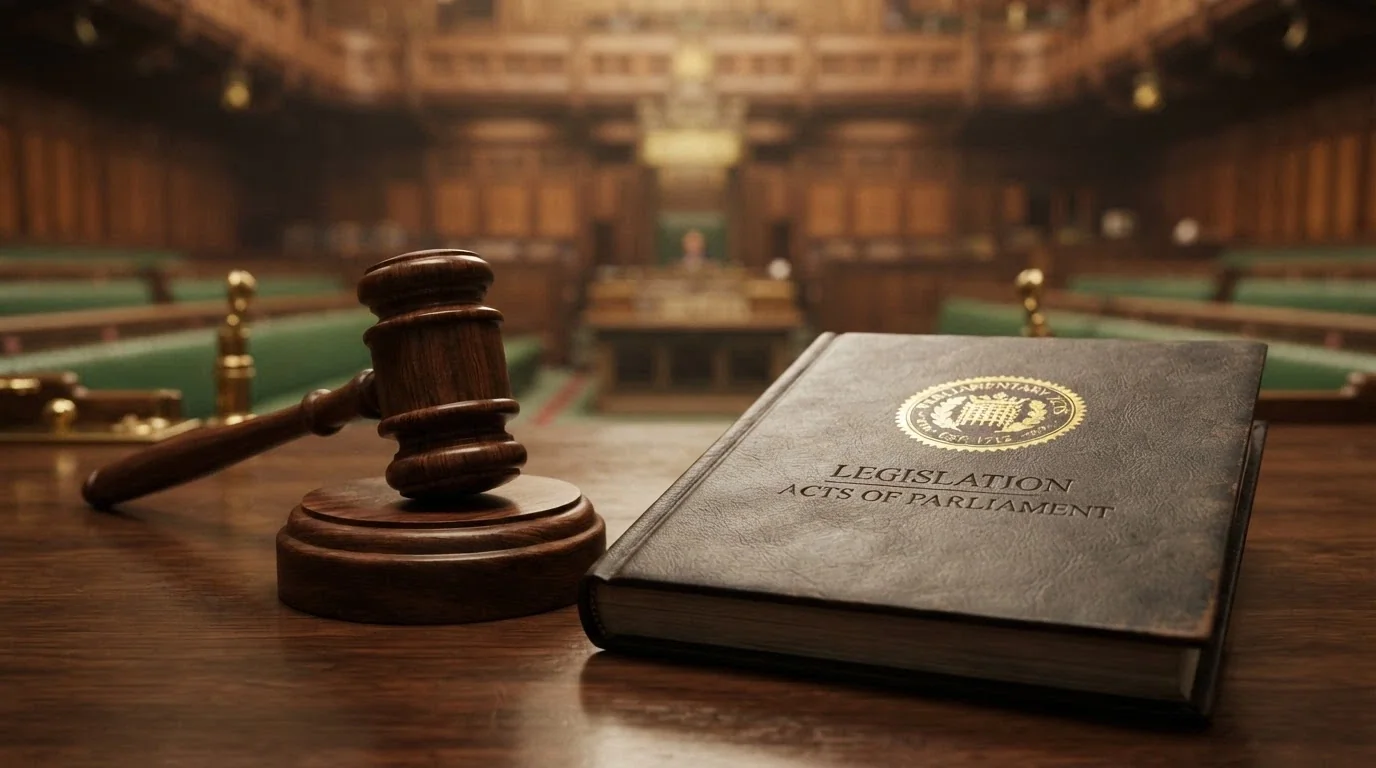 A stylised image of the Interactive Gambling Act document and the ACMA logo against a Parliamentary backdrop with a gavel