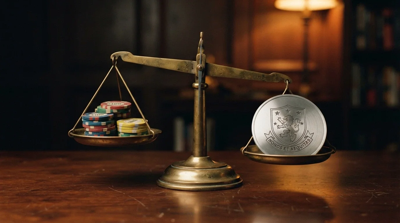 A balanced set of scales with casino chips on one side and a consumer-protection shield on the other, tipping slightly toward the shield