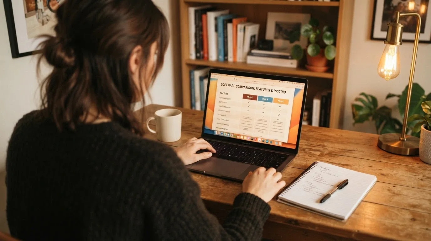 A person at a desk comparing online casino information across a laptop screen and handwritten notes, with a cup of coffee and a calm, considered atmosphere