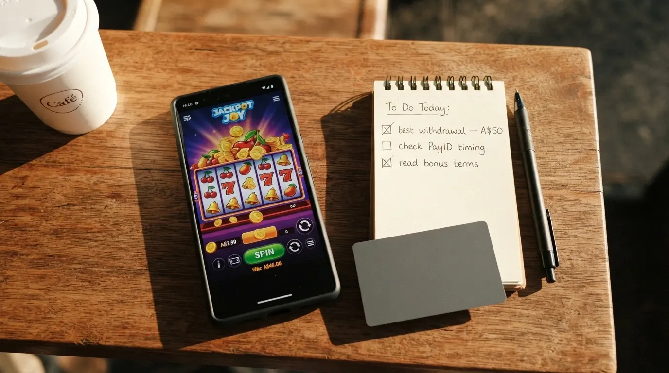 An Australian player's hands holding a smartphone with a 1spin4win slot loaded, a notepad with a withdrawal checklist and an AUD bank card on a café table in morning light