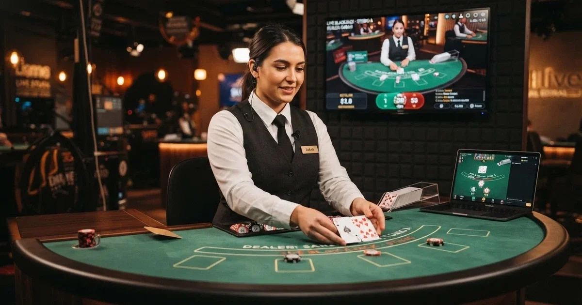 A real dealer at a live casino table, cards in hand, streamed in HD to a laptop screen with the betting interface visible