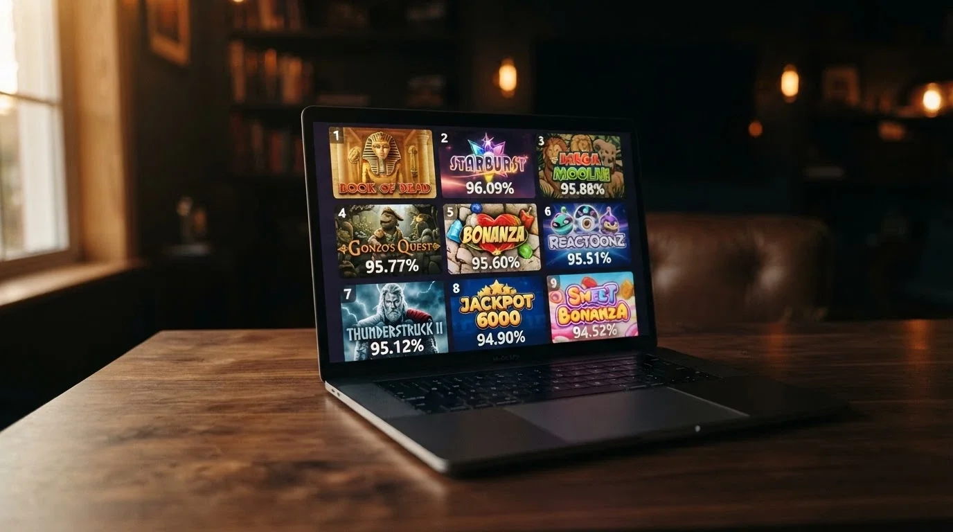 A grid of colourful online pokie reels with RTP percentages overlaid on each title card, arranged highest to lowest