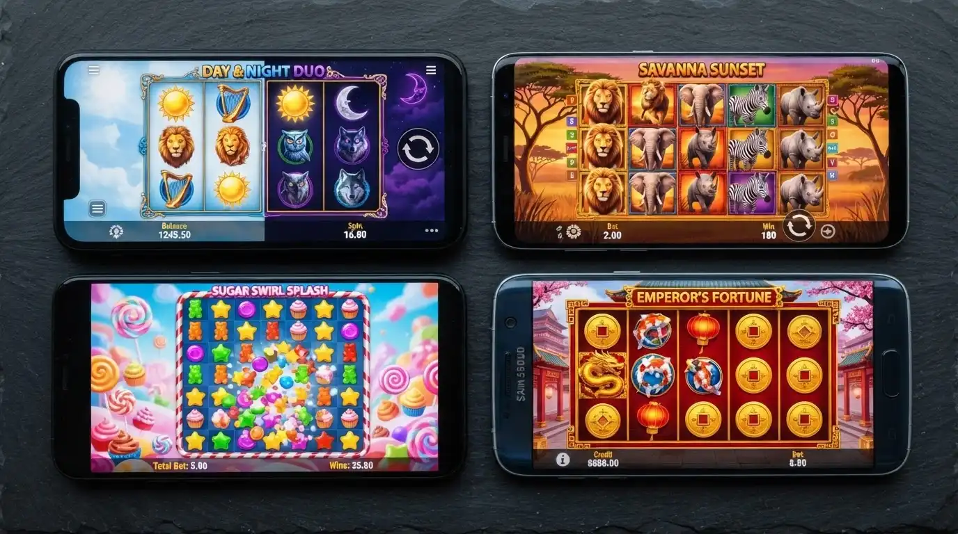 A grid of four BetSoft slot title screens — Good Girl Bad Girl, Safari Sam, SugarPop and Quest to the West — showing the studio's visual range