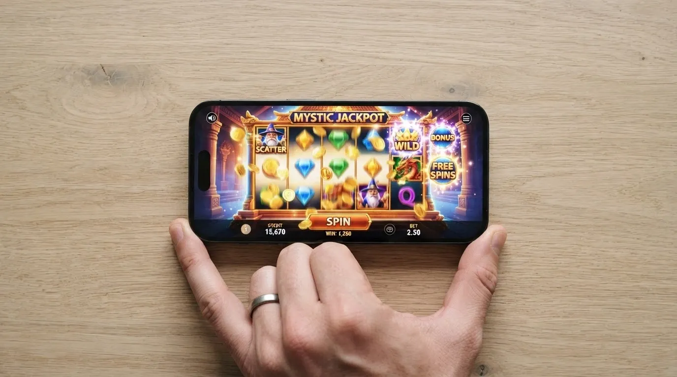 A BetSoft slot running in a mobile browser on a smartphone held in one hand, with the game filling the screen edge to edge