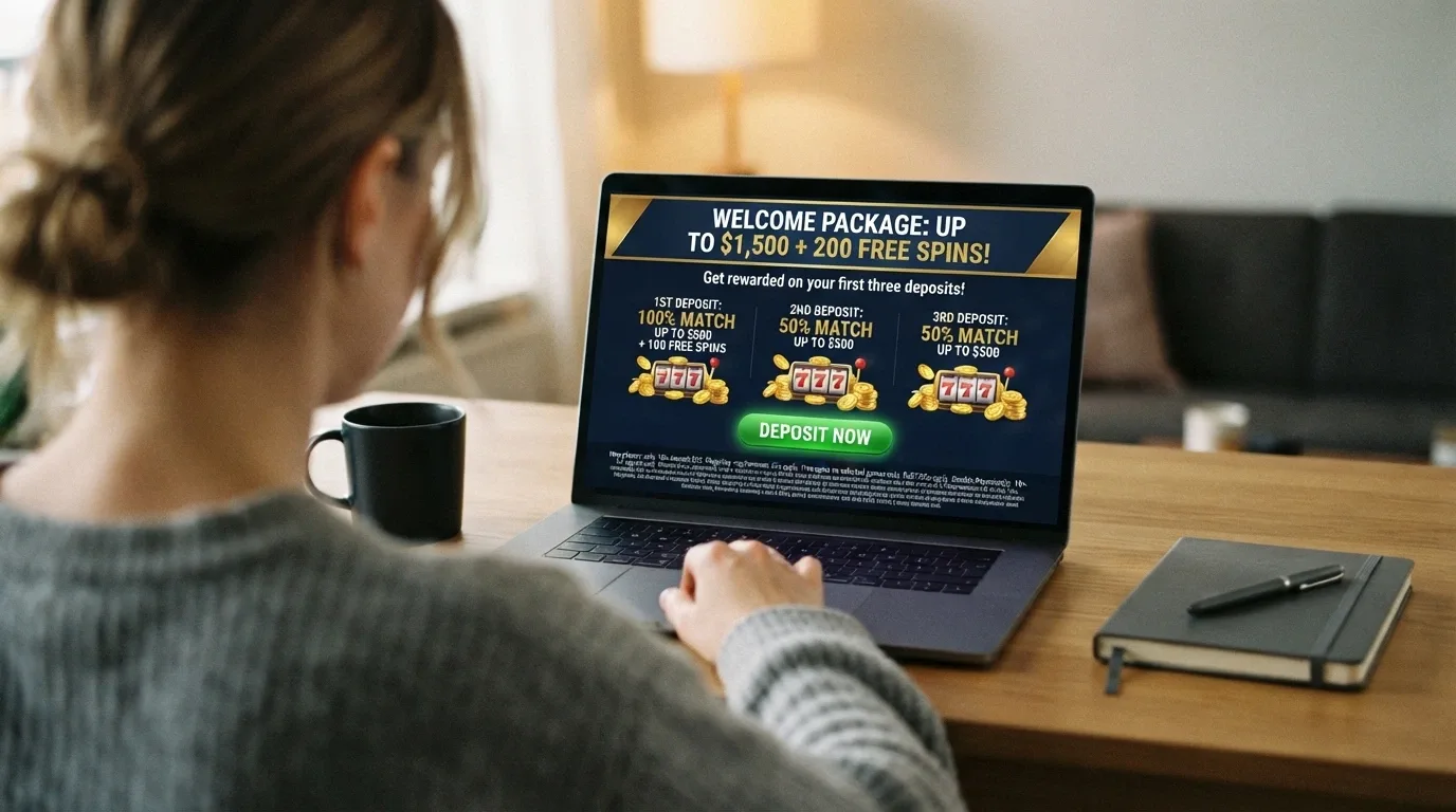 A casino promotions page showing a welcome-package breakdown — match percentages, free-spin counts and the terms block in small print beneath