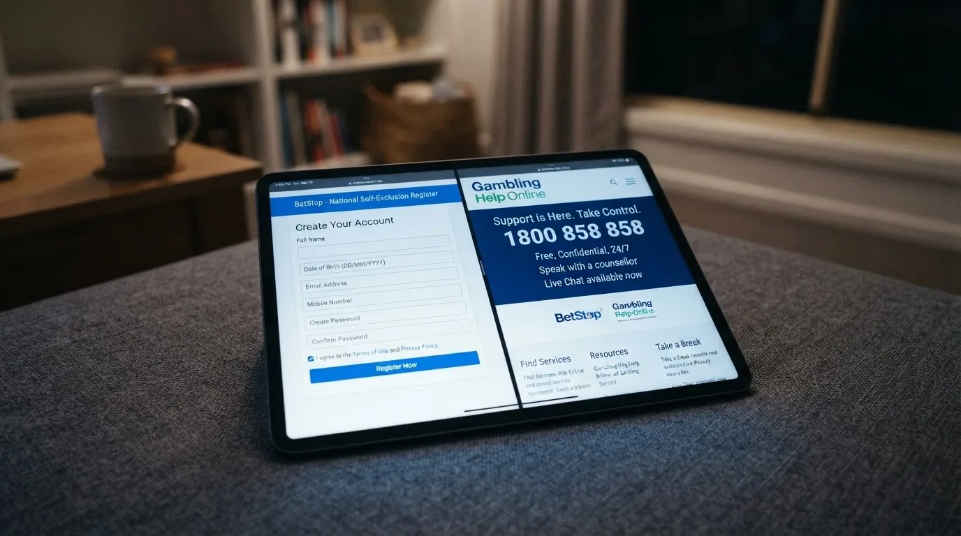 An iPad showing the BetStop registration page on one half of the screen and the Gambling Help Online homepage on the other, with the helpline number 1800 858 858 prominently displayed