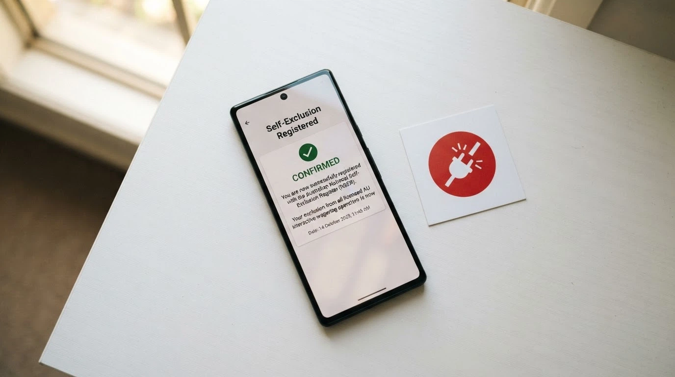 A smartphone screen showing a BetStop registration confirmation, with a red disconnected-plug icon beside an offshore casino logo to signal the gap