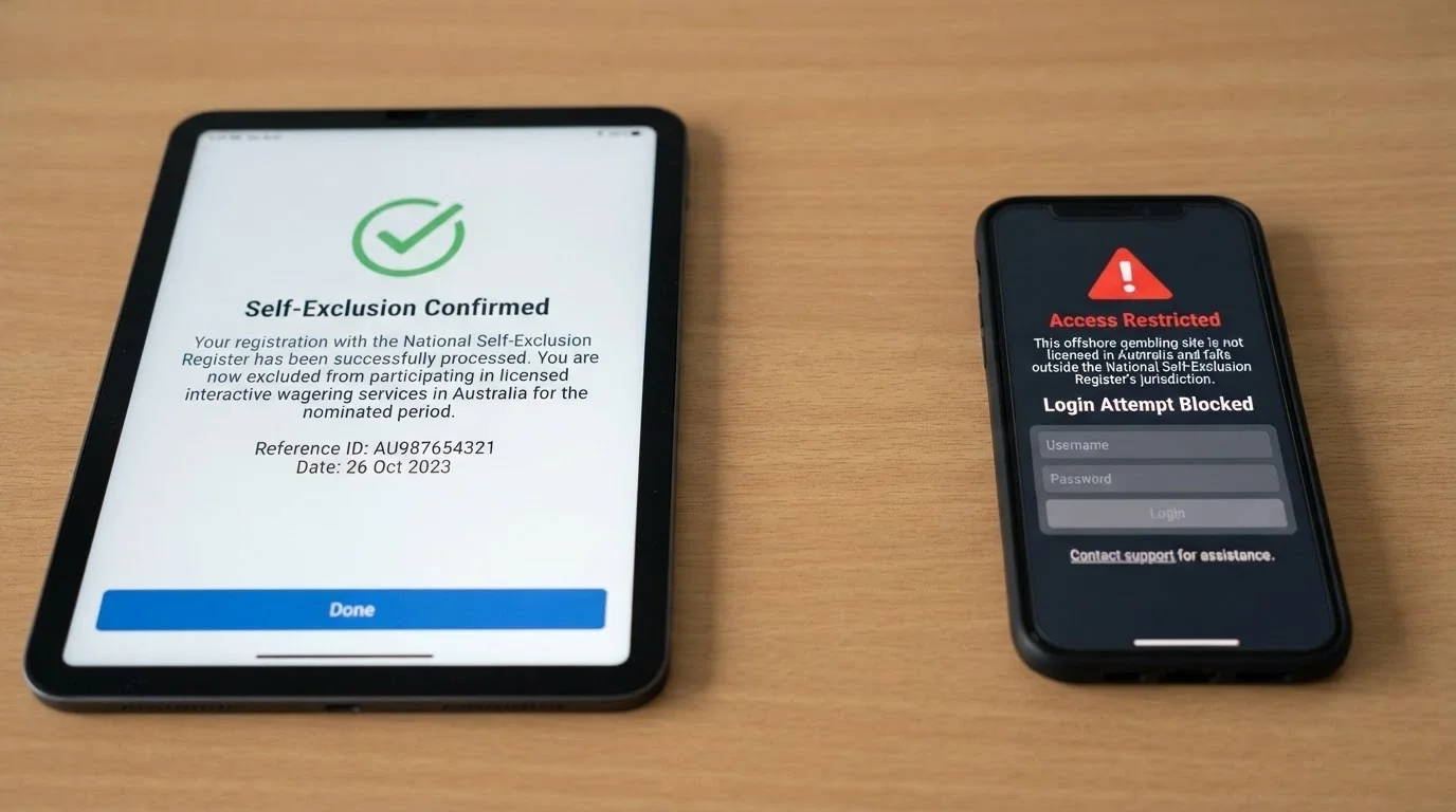 A split composition: on one side a BetStop registration confirmation screen with a green tick, on the other an offshore casino login page with a red warning icon — the two systems do not connect