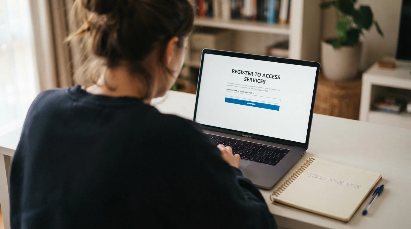 A person viewing the BetStop registration screen on a laptop, with a helpline phone number visible on a notepad nearby