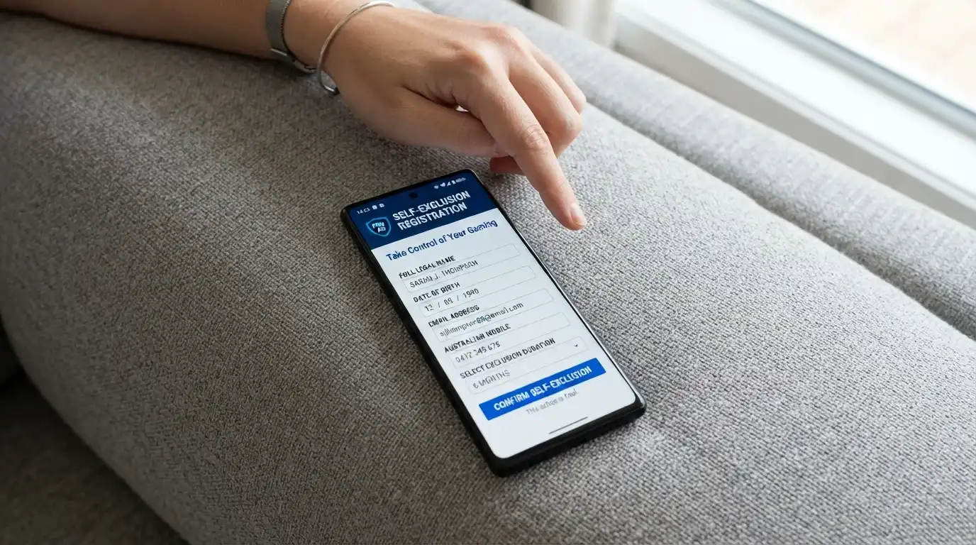 Android phone displaying the BetStop.gov.au registration landing page with the National Self-Exclusion Register branding and the “Register Now” call-to-action visible