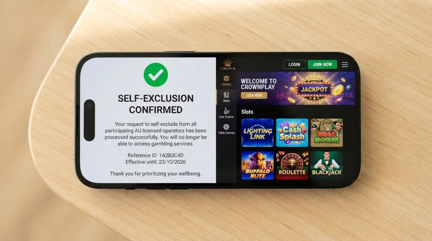 A split composition: on the left, a BetStop registration confirmation screen with a green tick; on the right, the same phone showing an offshore casino lobby still accessible