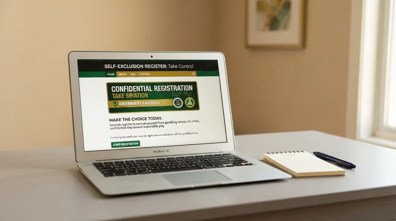 The BetStop National Self-Exclusion Register homepage on a laptop screen, showing the registration prompt and the Australian Government branding
