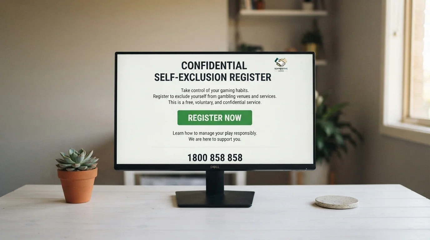 A desktop screen showing the BetStop National Self-Exclusion Register homepage with the register-now button and the National Gambling Helpline number 1800 858 858 displayed