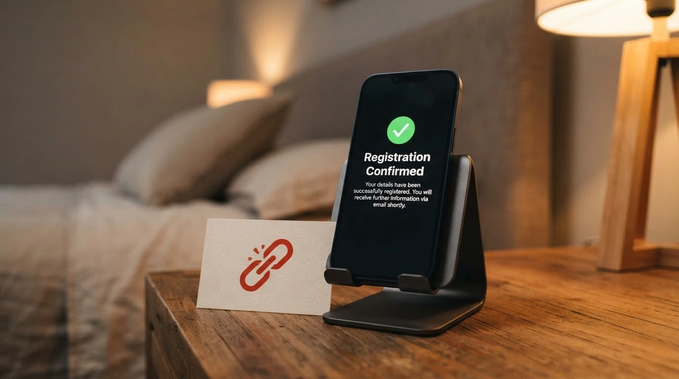 A smartphone showing a BetStop registration confirmation beside a broken-link icon pointing away from an offshore casino logo