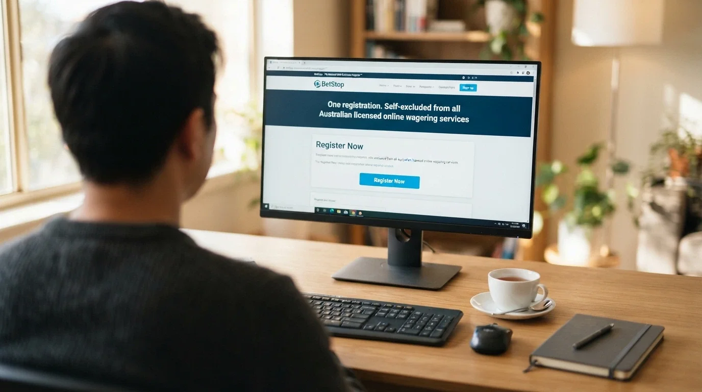 A desktop screen showing the BetStop.gov.au registration landing page with the “Register Now” button and the tagline “One registration. Self-excluded from all Australian licensed online wagering services.” visible, with a cup of tea and a notepad beside the keyboard
