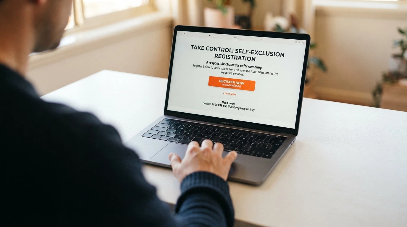 The BetStop National Self-Exclusion Register homepage on a laptop screen with the registration button visible