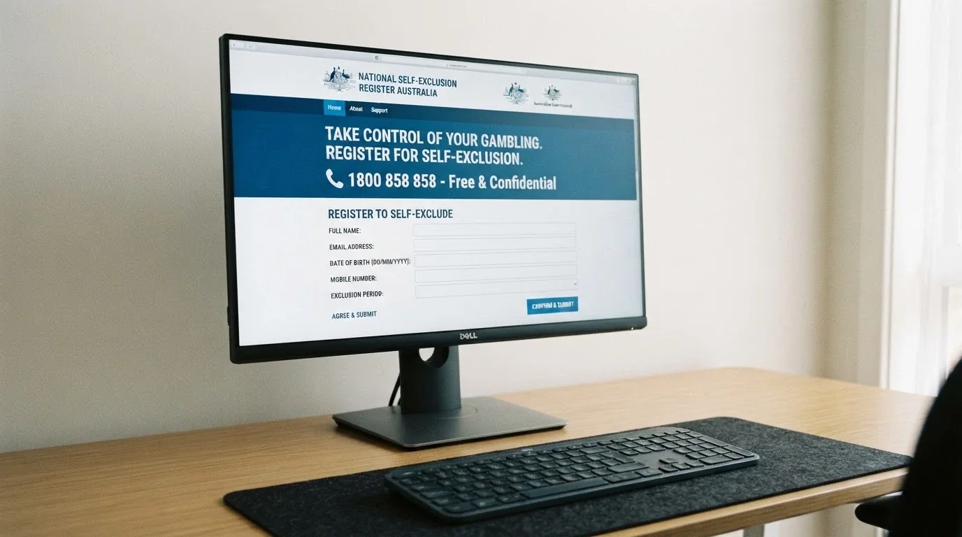 The BetStop National Self-Exclusion Register homepage on a desktop browser, with the 1800 858 858 helpline number visible in the corner