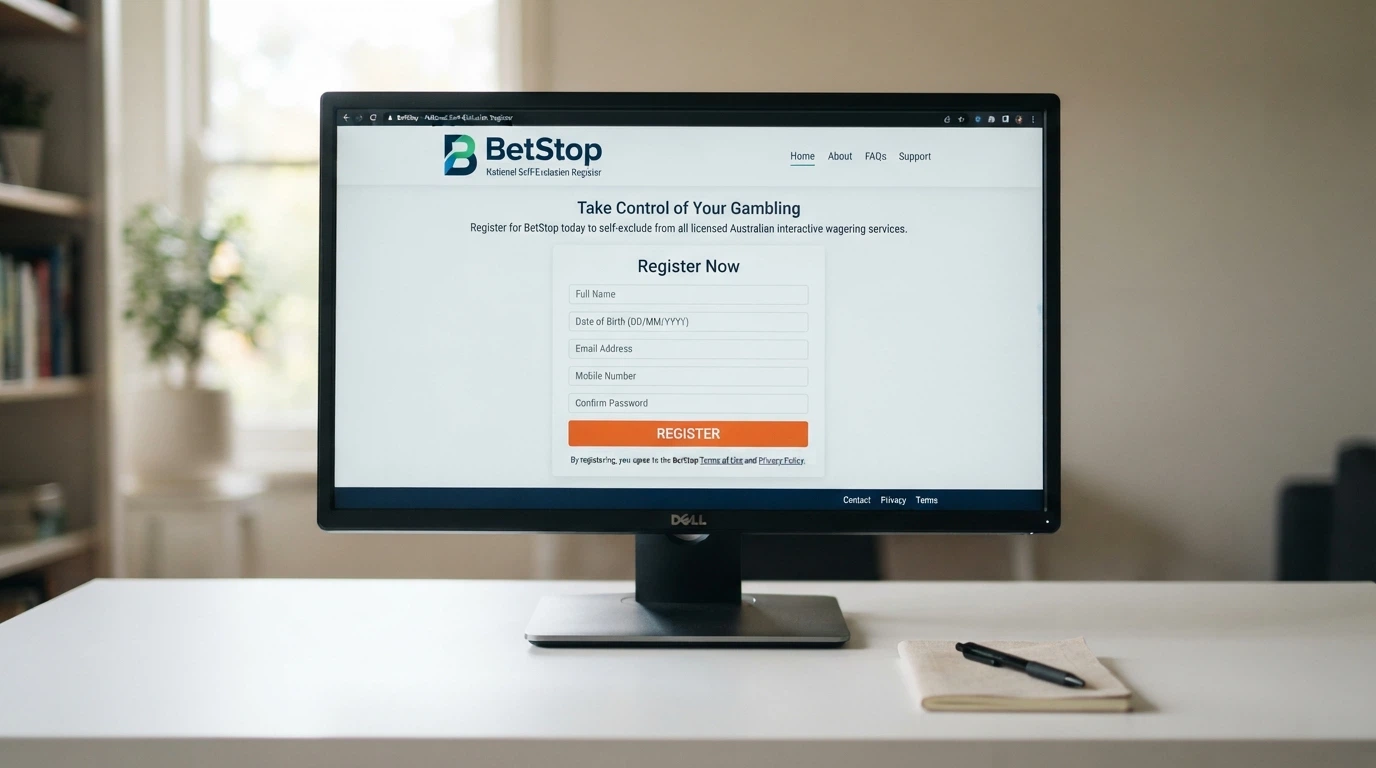 A registration screen for BetStop — the National Self-Exclusion Register — with a prominent 'Register' button, shown on a desktop browser