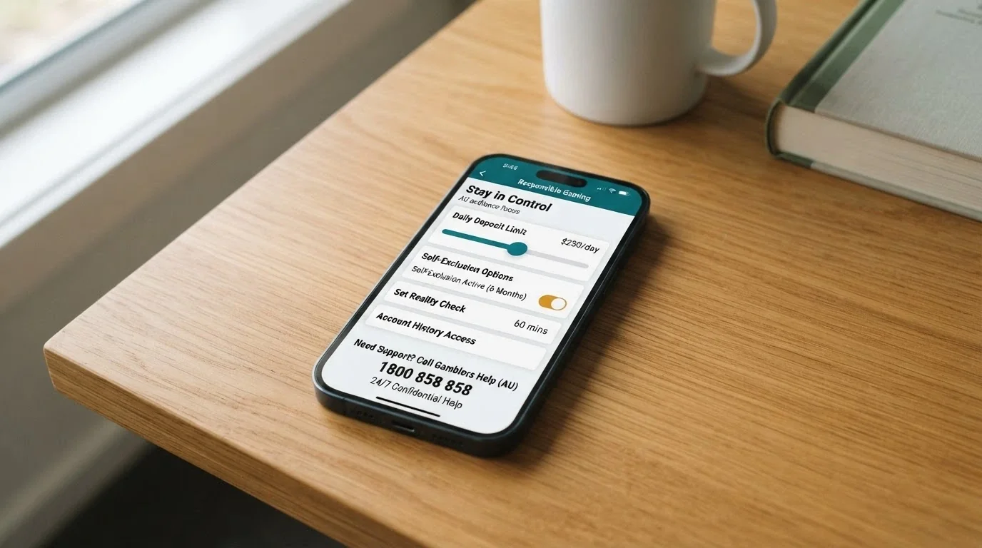 A smartphone screen showing a responsible-gambling tools page with deposit-limit and self-exclusion options visible