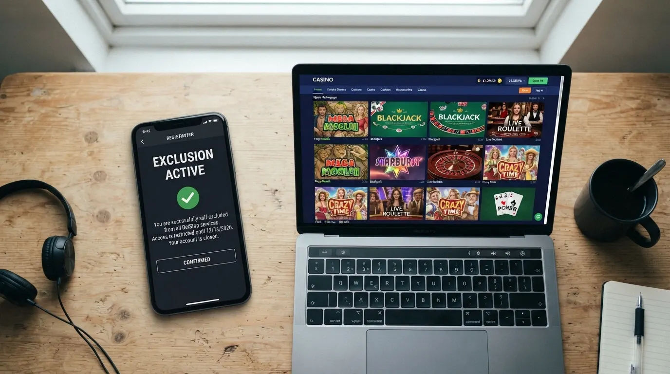 A smartphone showing the BetStop registration screen beside an offshore casino lobby that remains accessible