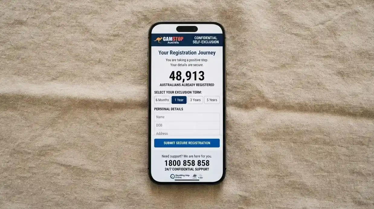 A smartphone displaying the BetStop.gov.au registration page with key statistics (67,480 registrations) visible, a helpline number on screen