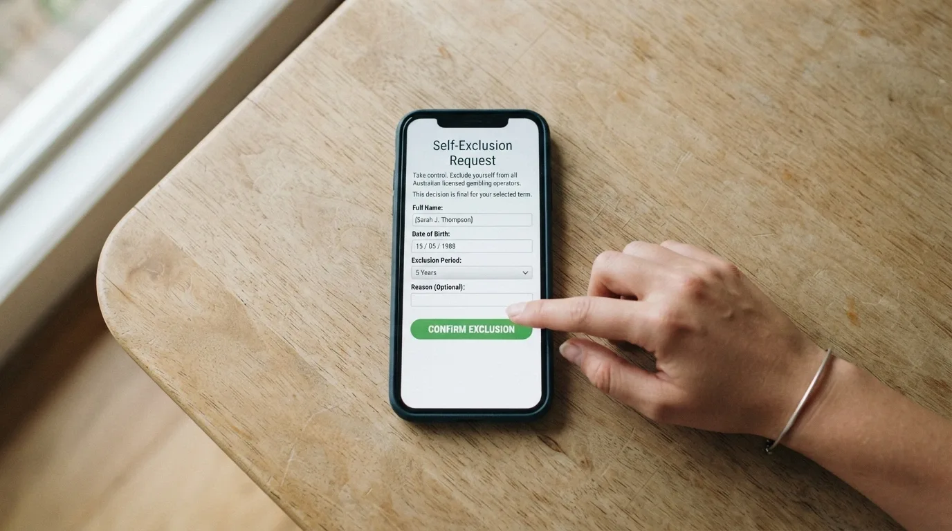 A person's hand hovering over a smartphone displaying the BetStop National Self-Exclusion Register homepage with a registration button visible.