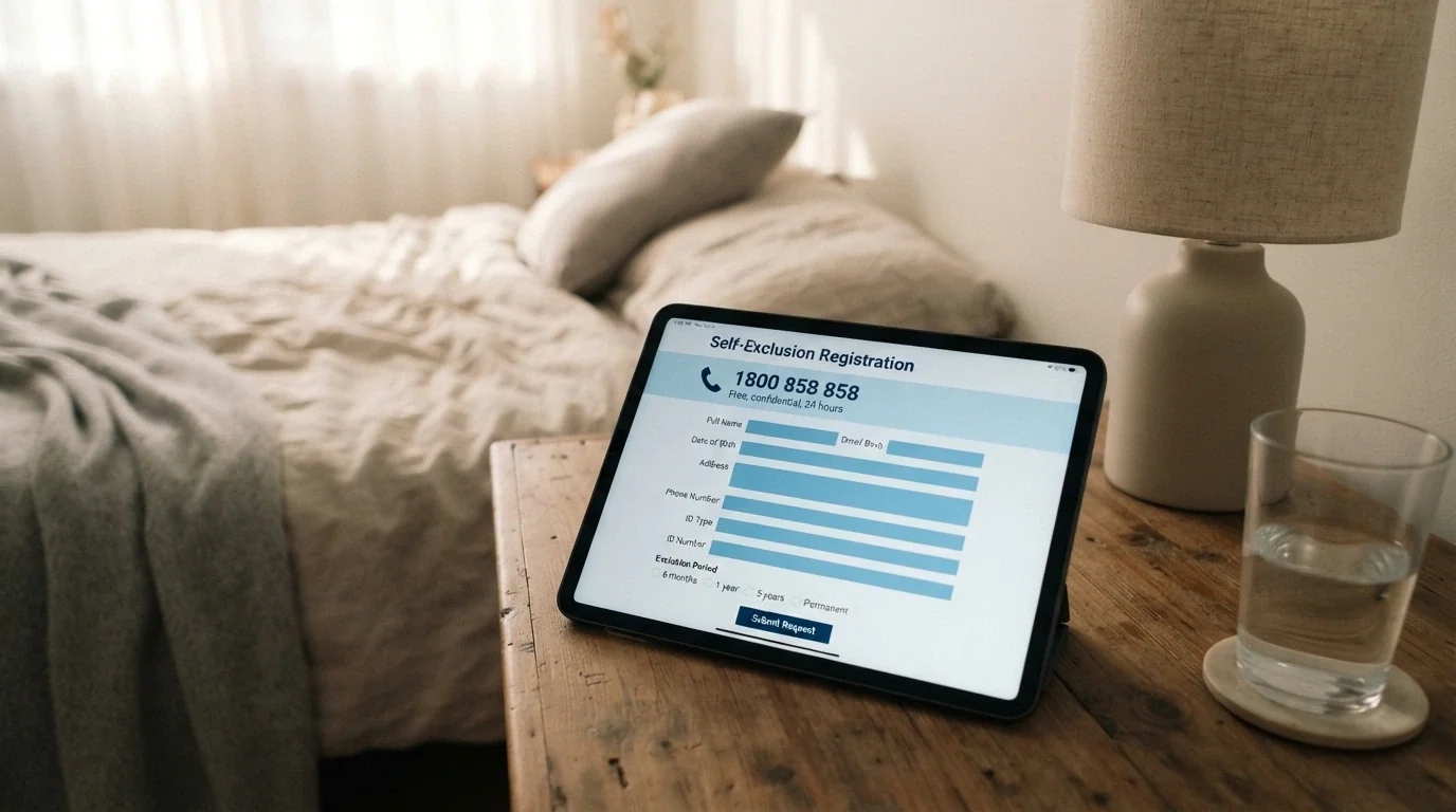A registration screen for a self-exclusion service with a prominent help-helpline number displayed, calm blue tones