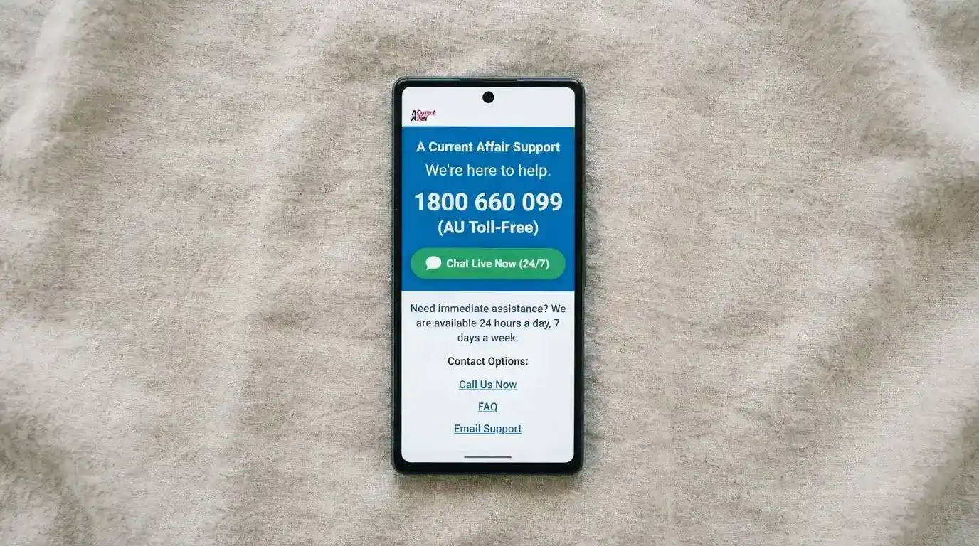 A phone screen showing the Gambling Help Online homepage with the 1800 858 858 number and a “Chat Now” button prominently displayed