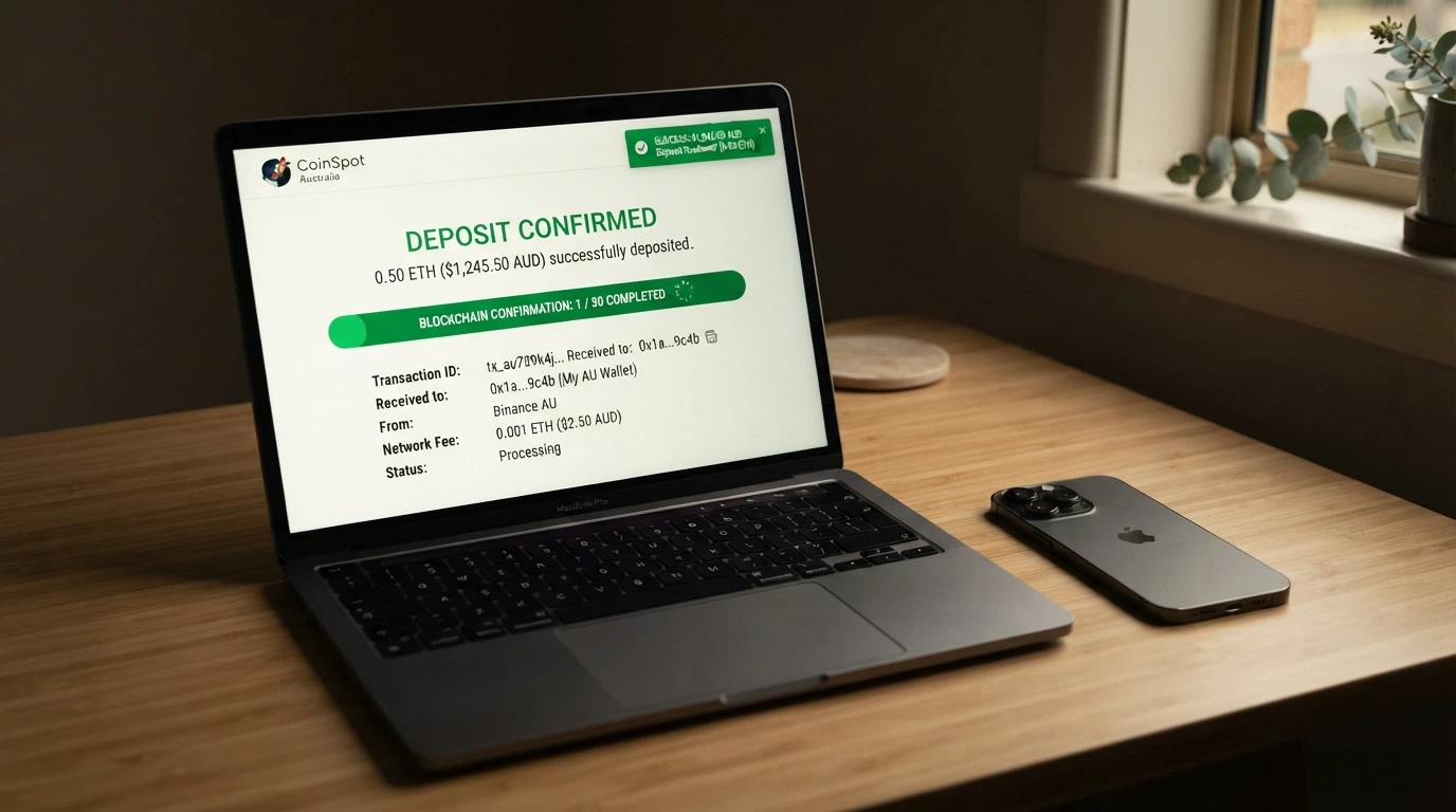 A laptop screen showing a Bitcoin transaction confirmation page with one blockchain confirmation completed and a progress bar, a casino deposit-success notification visible in the corner
