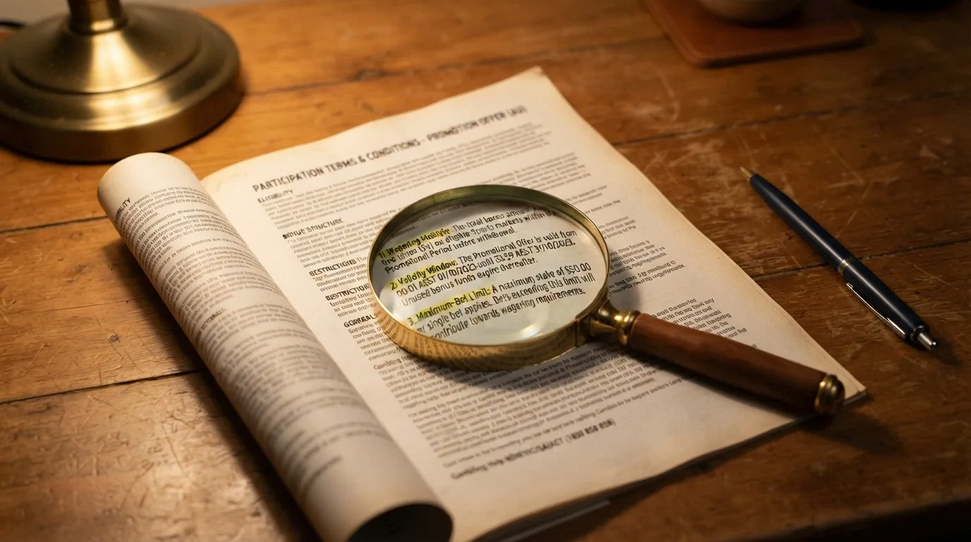 A magnifying glass held over the terms-and-conditions section of a casino bonus page, with the wagering multiple, validity window and maximum-bet clause highlighted in yellow
