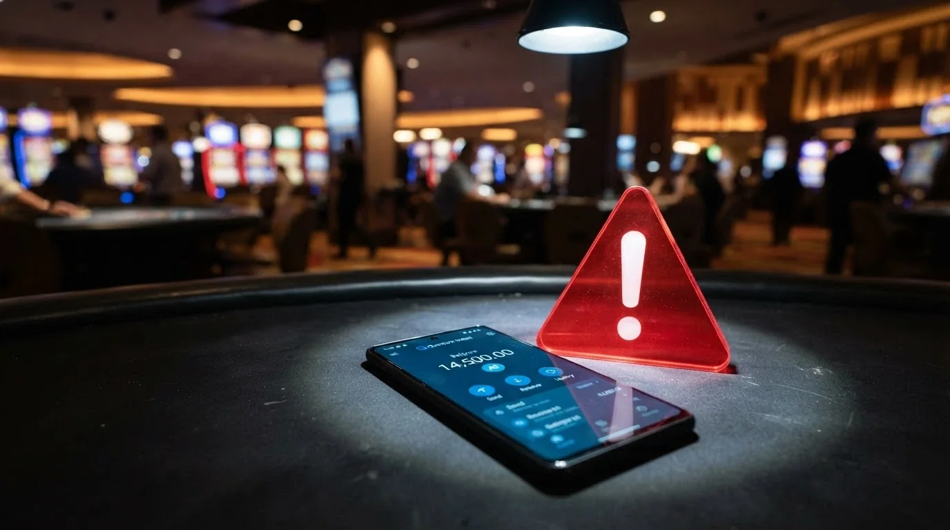 A cryptocurrency wallet interface on a smartphone next to a casino lobby, with an Australian regulatory warning icon overlaid