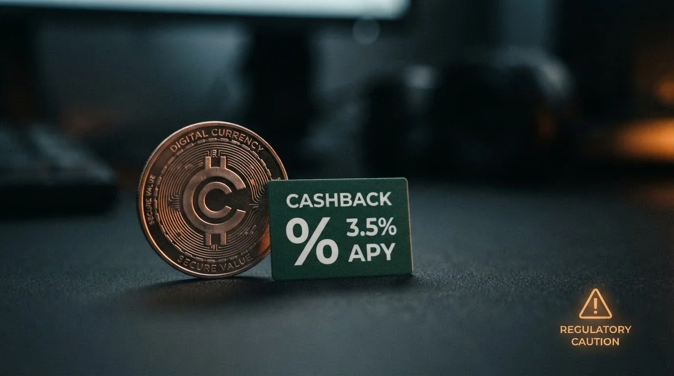 A Bitcoin symbol beside a cashback percentage badge, with a subtle warning icon referencing Australian payment law