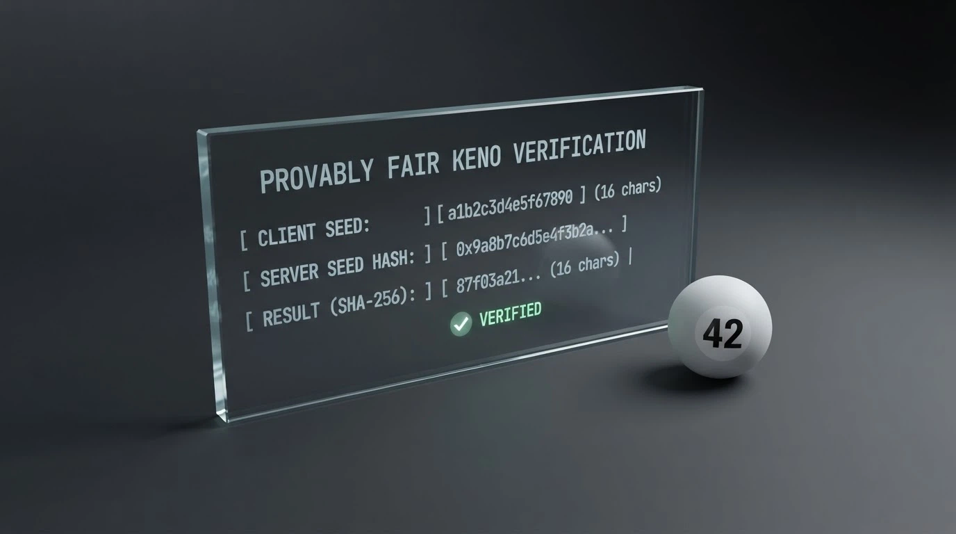 A provably fair keno verification panel showing the client seed, server seed and hashed result from a completed draw