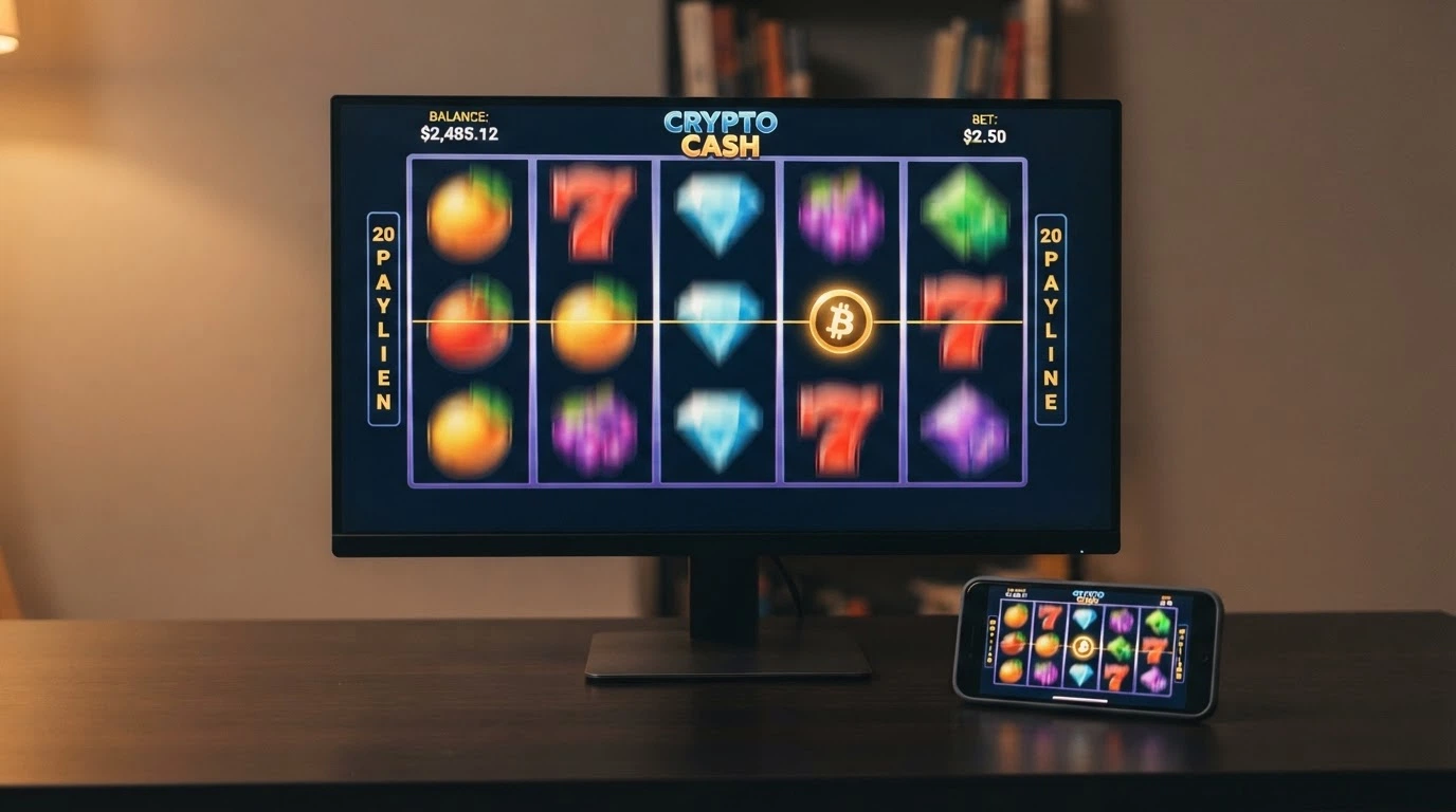 A row of five colourful online pokie reels mid-spin on a desktop screen, bitcoin symbols visible on one game's payline, with a smartphone beside it showing the same game in mobile view