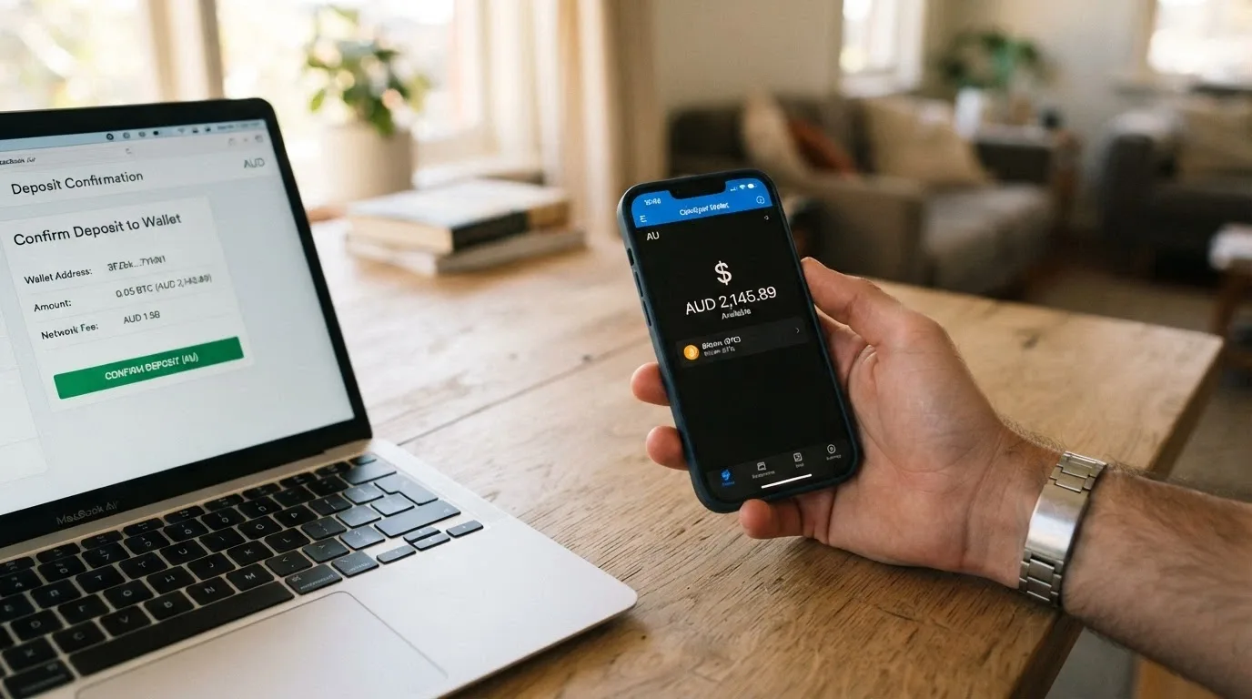 A hand holding a smartphone displaying a Bitcoin wallet balance beside a laptop showing an online casino deposit screen