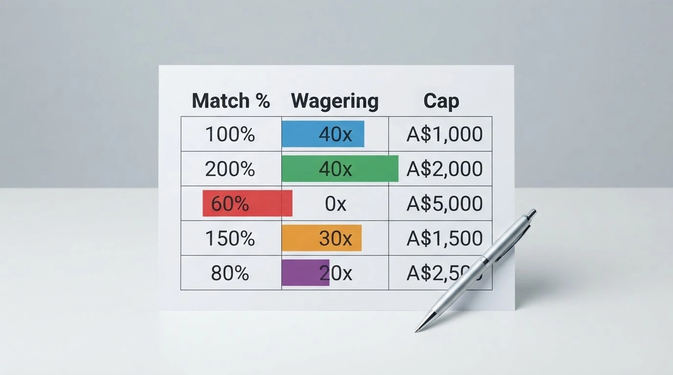 A side-by-side view of casino bonus terms from different operators with columns for match percentage, wagering multiplier and cashout cap