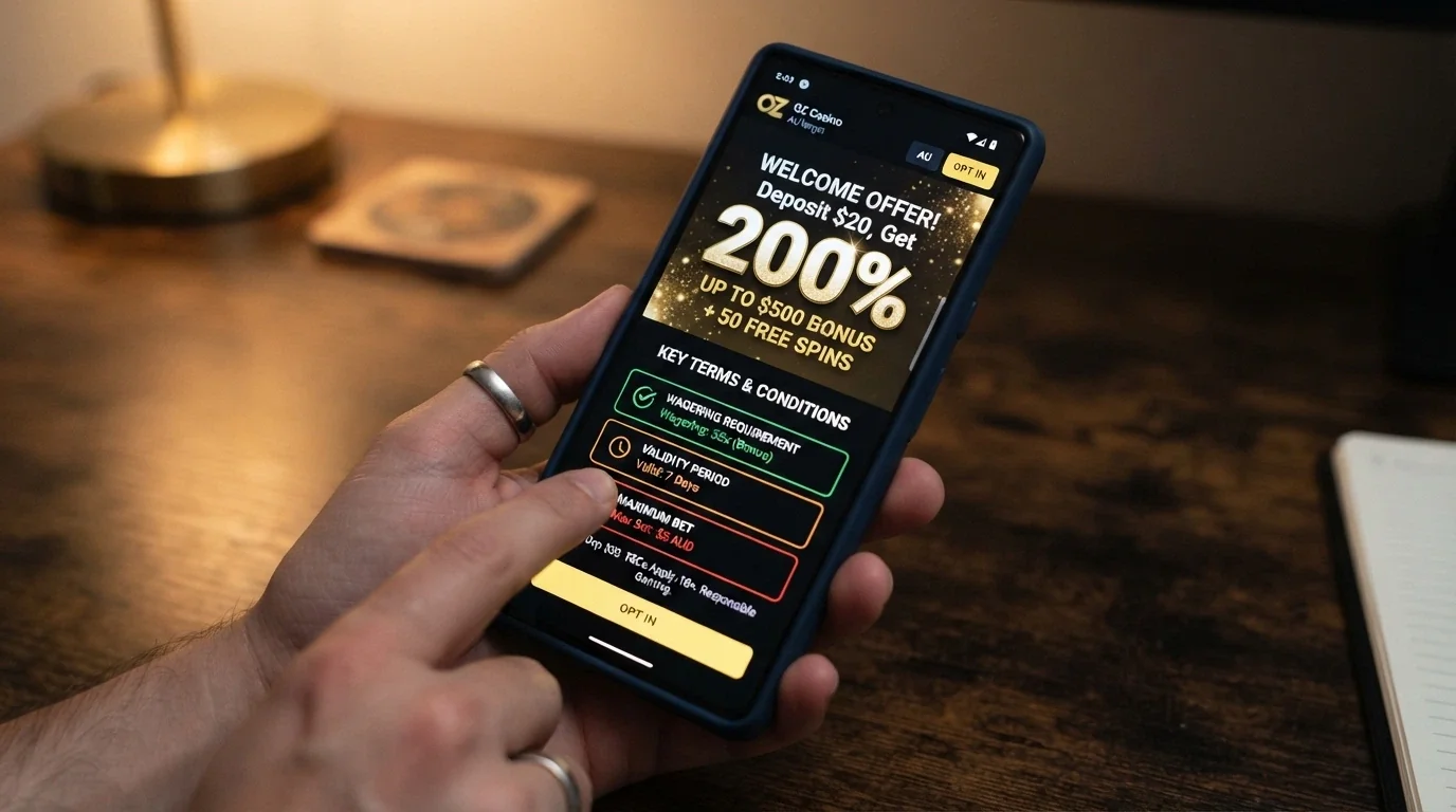 A close-up of a casino bonus terms screen with the wagering requirement, validity period and max-bet clause highlighted against the welcome-offer headline