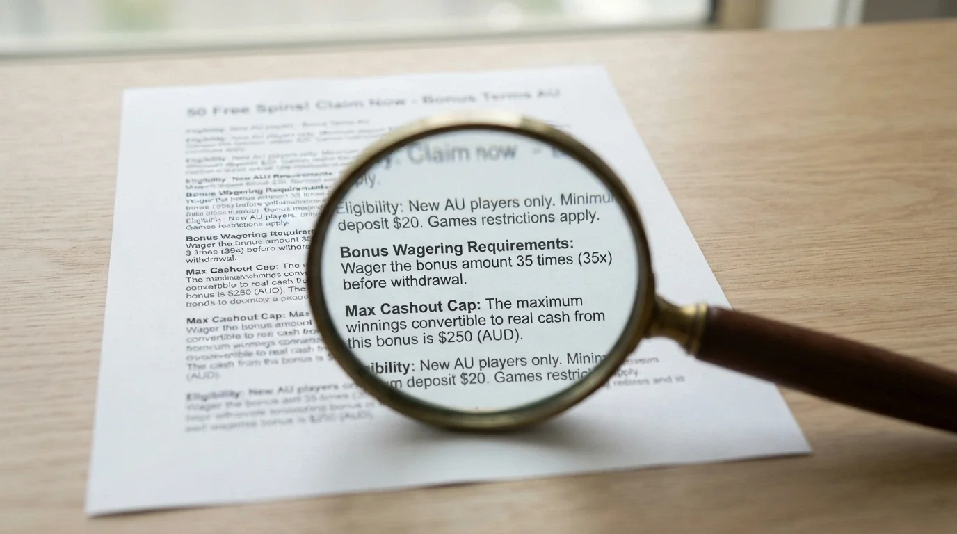 A magnifying glass held over a printed bonus terms sheet, with wagering-multiple and cashout-cap clauses sharply in focus while the headline spin count blurs in the background