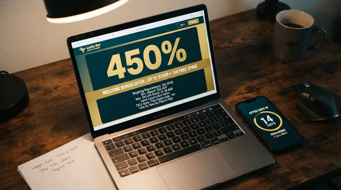 A welcome-bonus banner showing a large percentage match beside smaller-print wagering terms and a 14-day validity clock