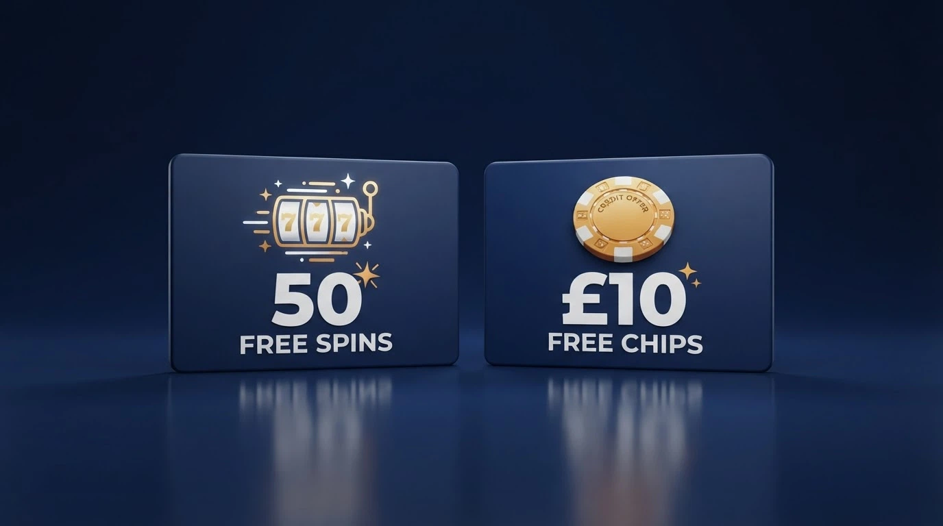 Two casino promotion tiles side by side, one offering 50 free spins and the other a $10 free chip