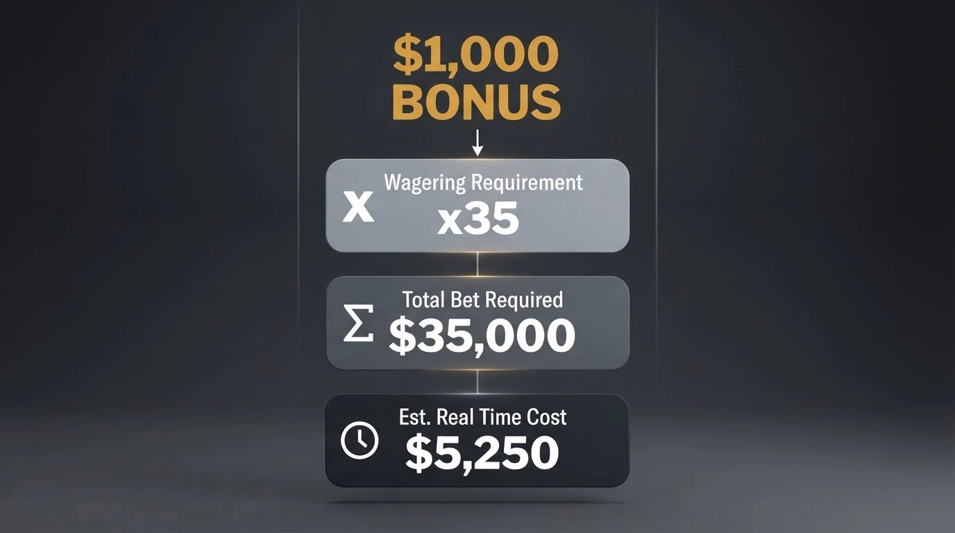 A calculator-style visual breaking a bonus into its real components: headline figure, wagering multiple, turnover required, and time to clear
