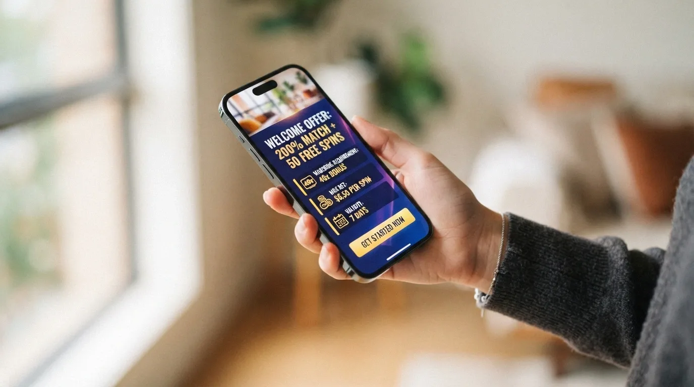 A smartphone screen displaying a casino bonus terms pop-up with the wagering requirement, max bet and validity period highlighted