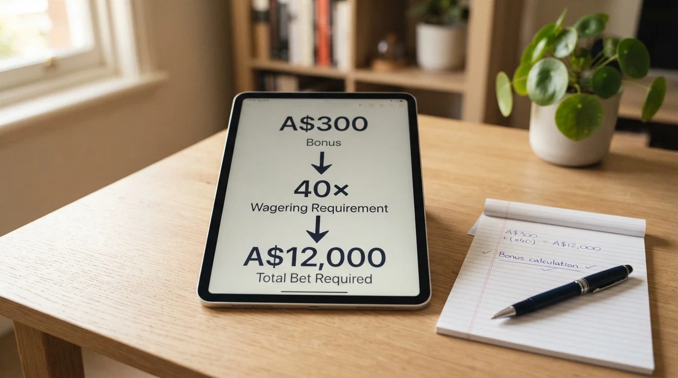 An iPad displaying a stylised calculator or notepad with bonus figures — A$300, 40× wagering, A$12,000 turnover — broken down into simple arithmetic