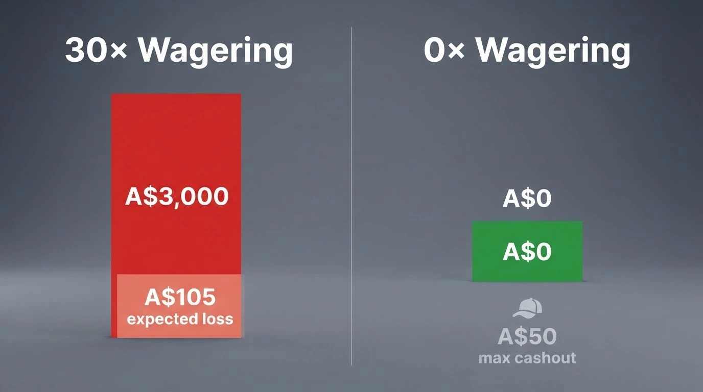 A split-screen visual comparing a standard 30x wagering bonus breakdown on the left with a 0x no-wagering bonus on the right, showing the turnover difference in dollar figures