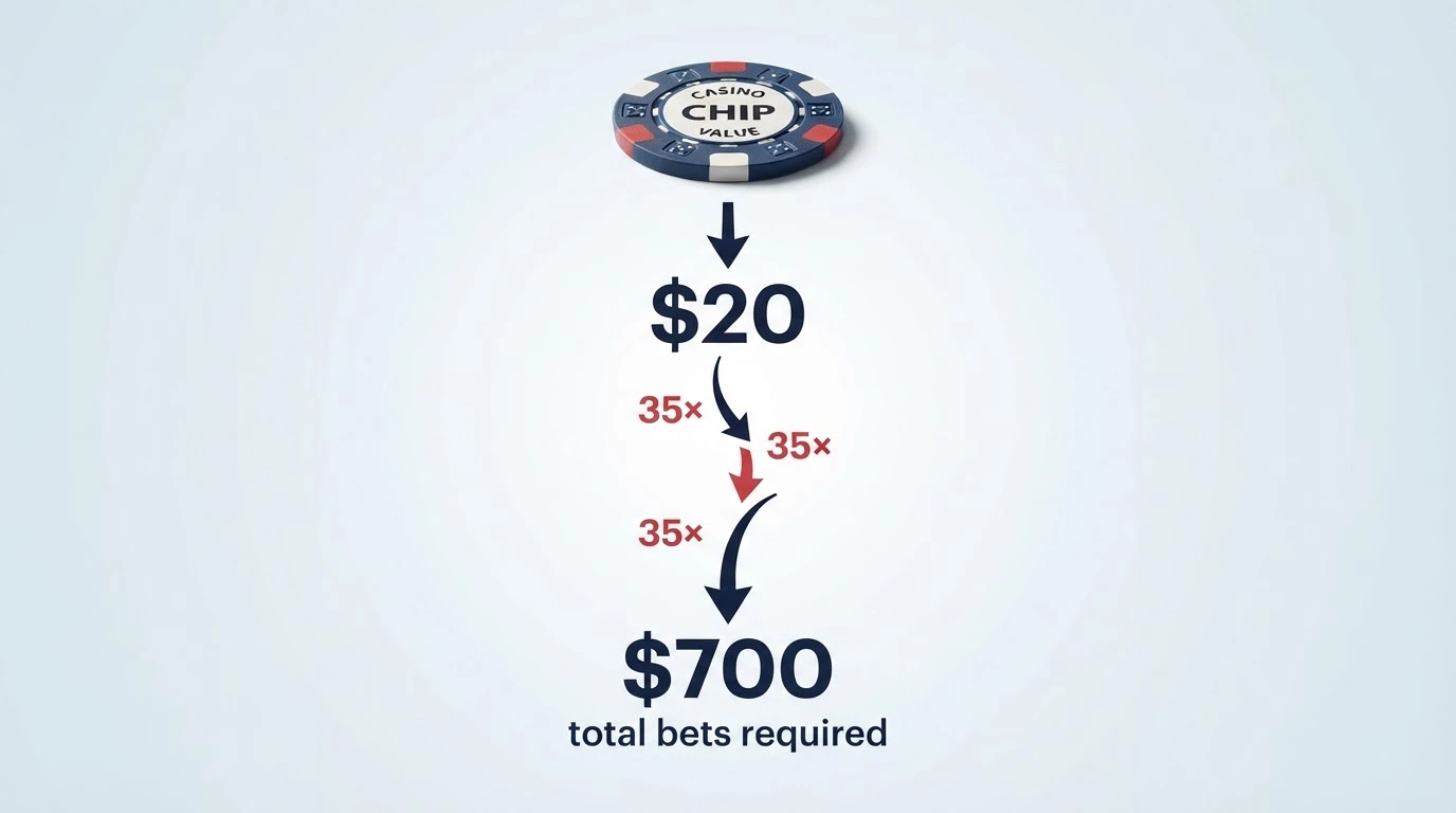 A simple visual breakdown showing a $10 note turning into a $20 balance, then a chain of arrows labelled “35× wagering” leading to “$700 in bets required”