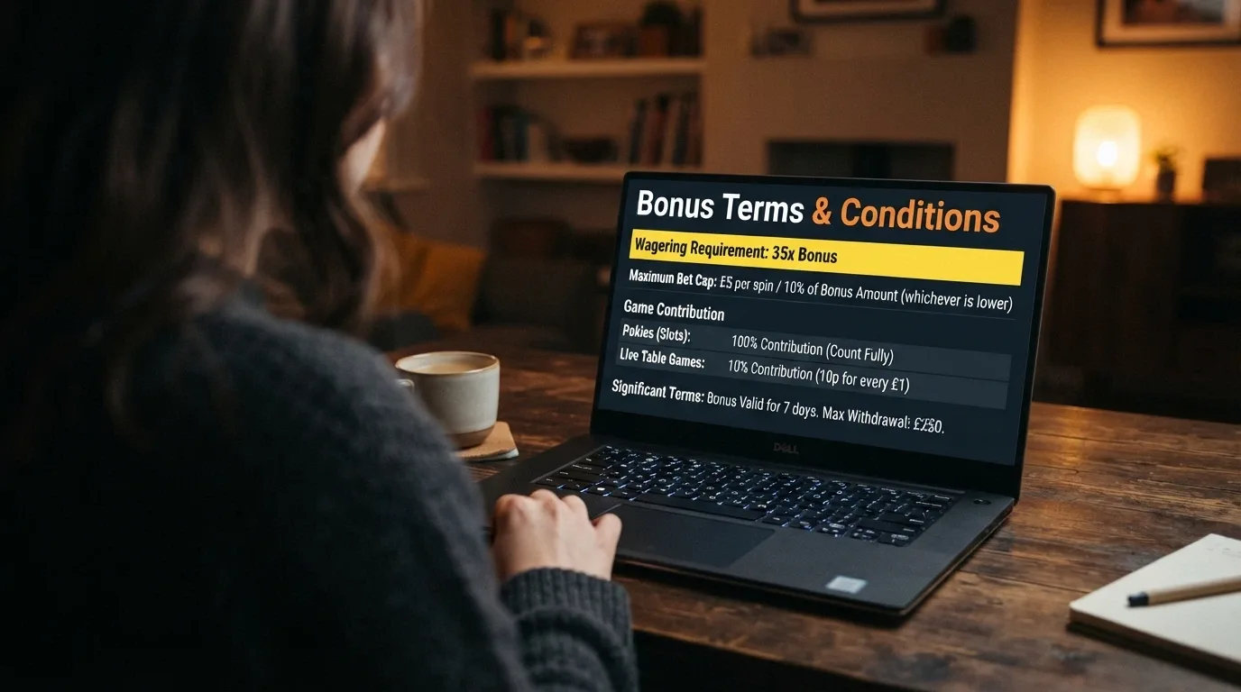 A casino bonus terms pop-up with the wagering requirement, max-bet cap and game contribution table highlighted