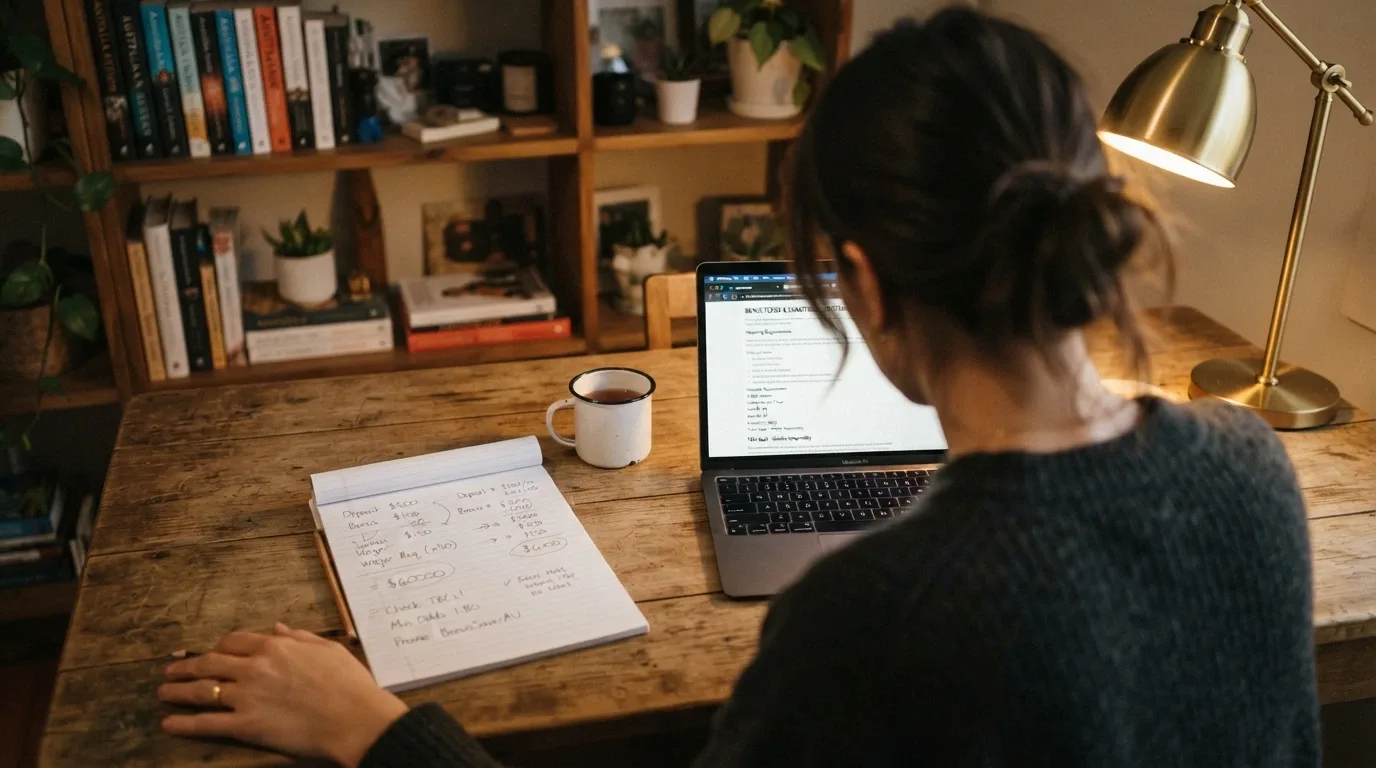 A player reviewing bonus terms on a laptop with a handwritten notepad of calculations beside the screen