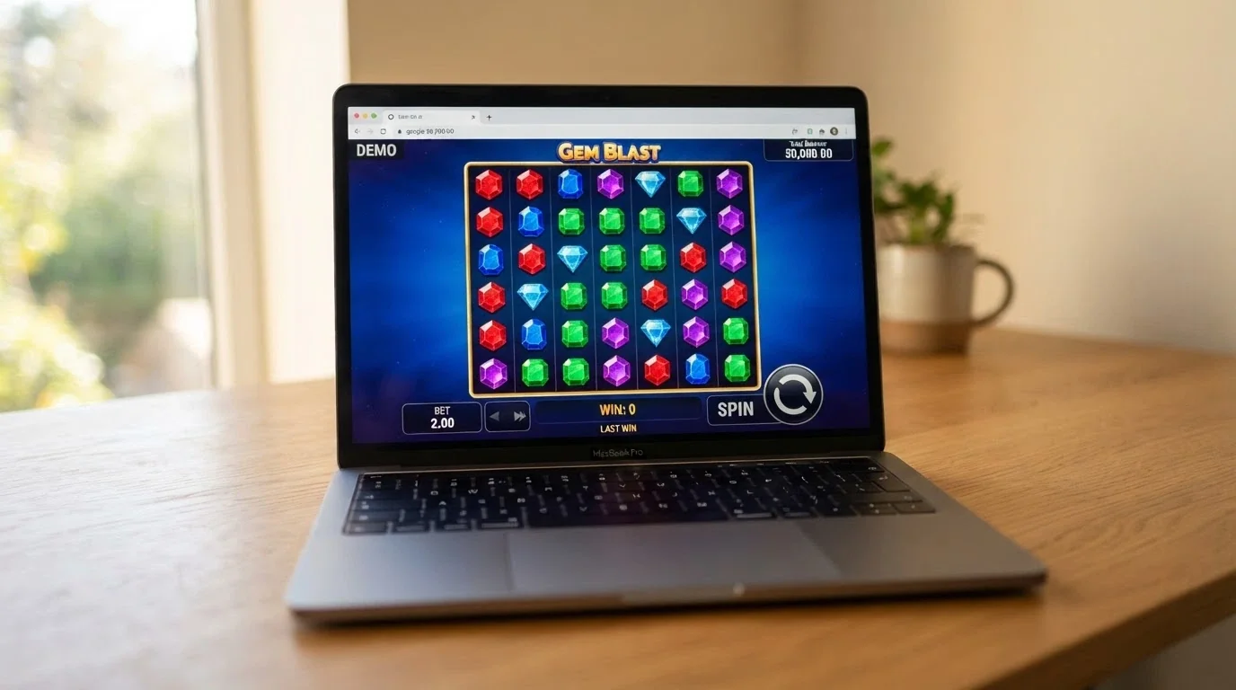A laptop screen showing a 7-reel pokie running in demo mode inside a browser, no download prompt visible
