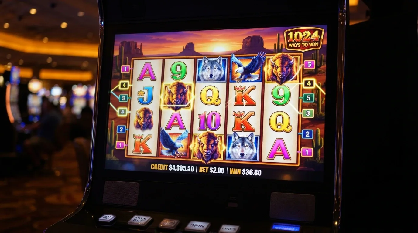 The Buffalo pokie reels showing buffalo, eagle and wolf symbols against a golden sunset backdrop with the 1,024 Ways logo visible