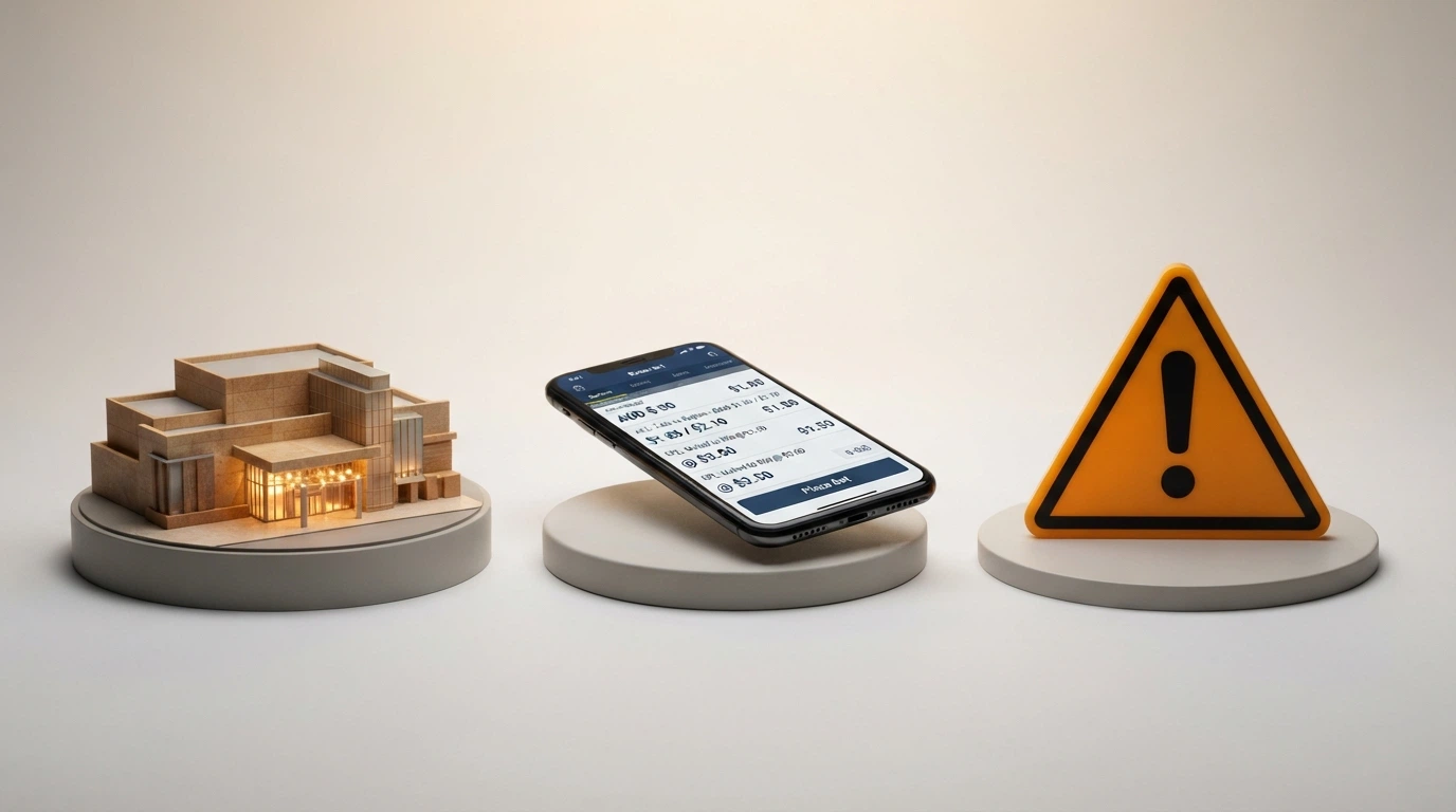 A visual comparison concept showing the three paths available to Canberra gamblers — the land-based casino, a licensed wagering app on a phone, and a warning symbol for offshore sites